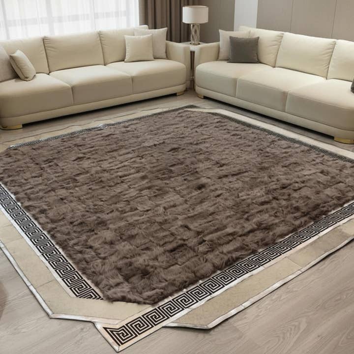 Brown Tuscan Fur Rug, Geometric Border Carpet, Luxury Fluffy Area Rug, Beige and Brown Mat, Oversize Living Room Decor for wholesale by Karelias And Sons
