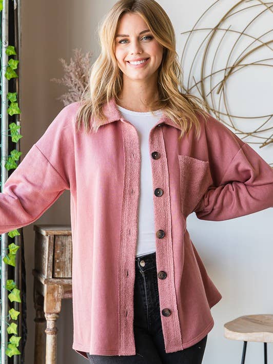 EJ6706-14 BASIC COLLAR SOLID BUTTON SHACKET WITH POCKET for wholesale by HEIMISH