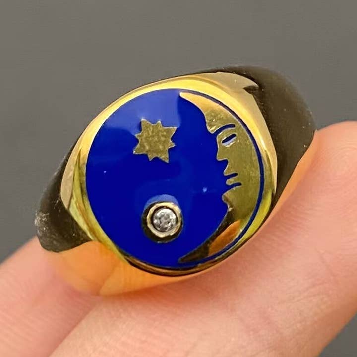 Anello in acciaio inox placcato oro 18K con smalto CZ stella luna - FGS/MS per la vendita all'ingrosso da parte di Mio Queena