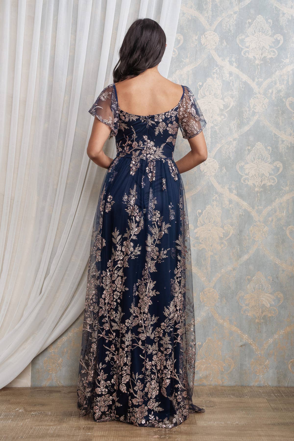 Rosemore Couture - Wholesale Gown - Women's - Glitter Sequined Flutter Sleeve Maxi Dress 21