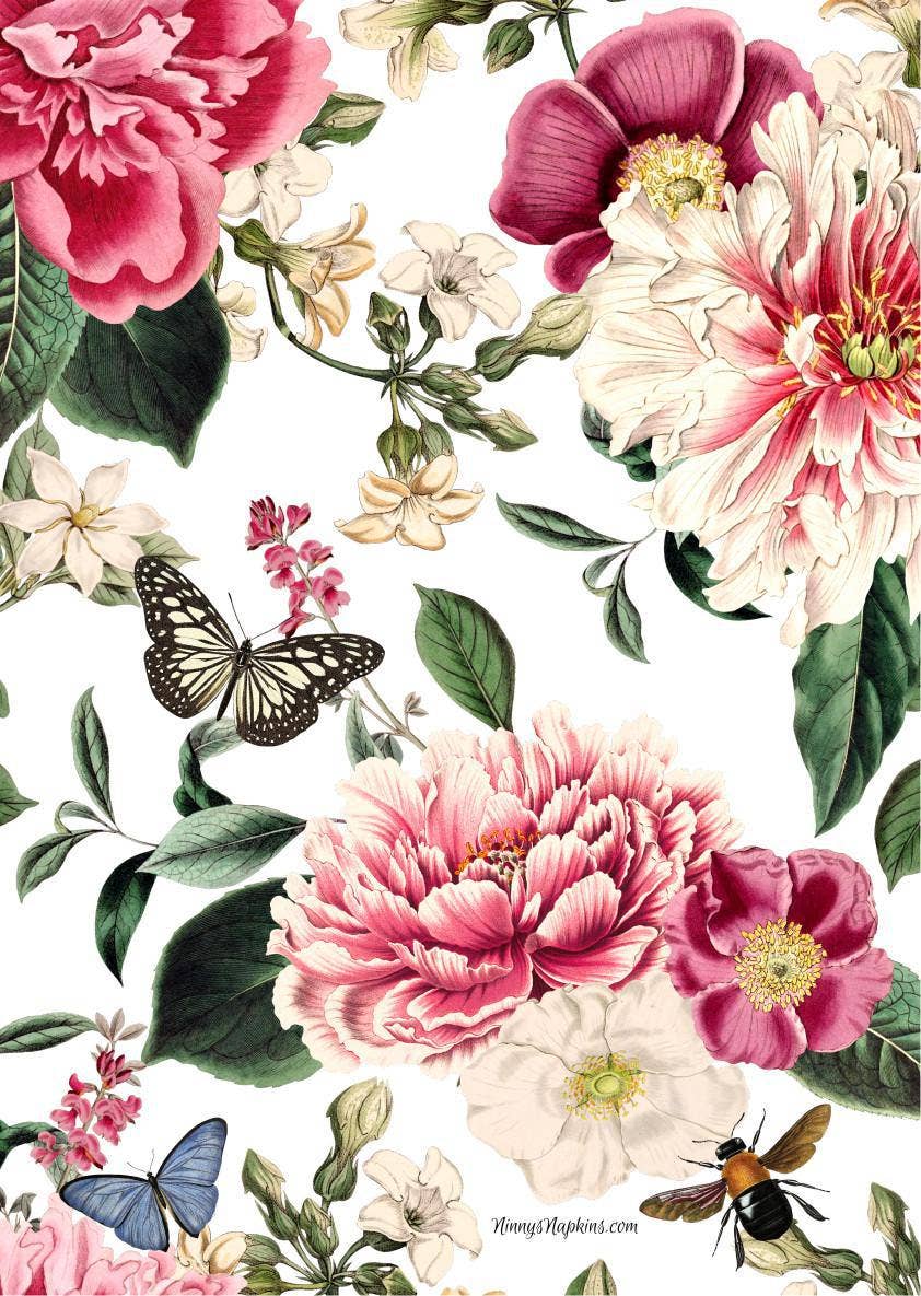 Ninnys Napkins - Wholesale Craft Supplies - Ninny's Rice Paper A4 - Peonies and Butterflies0
