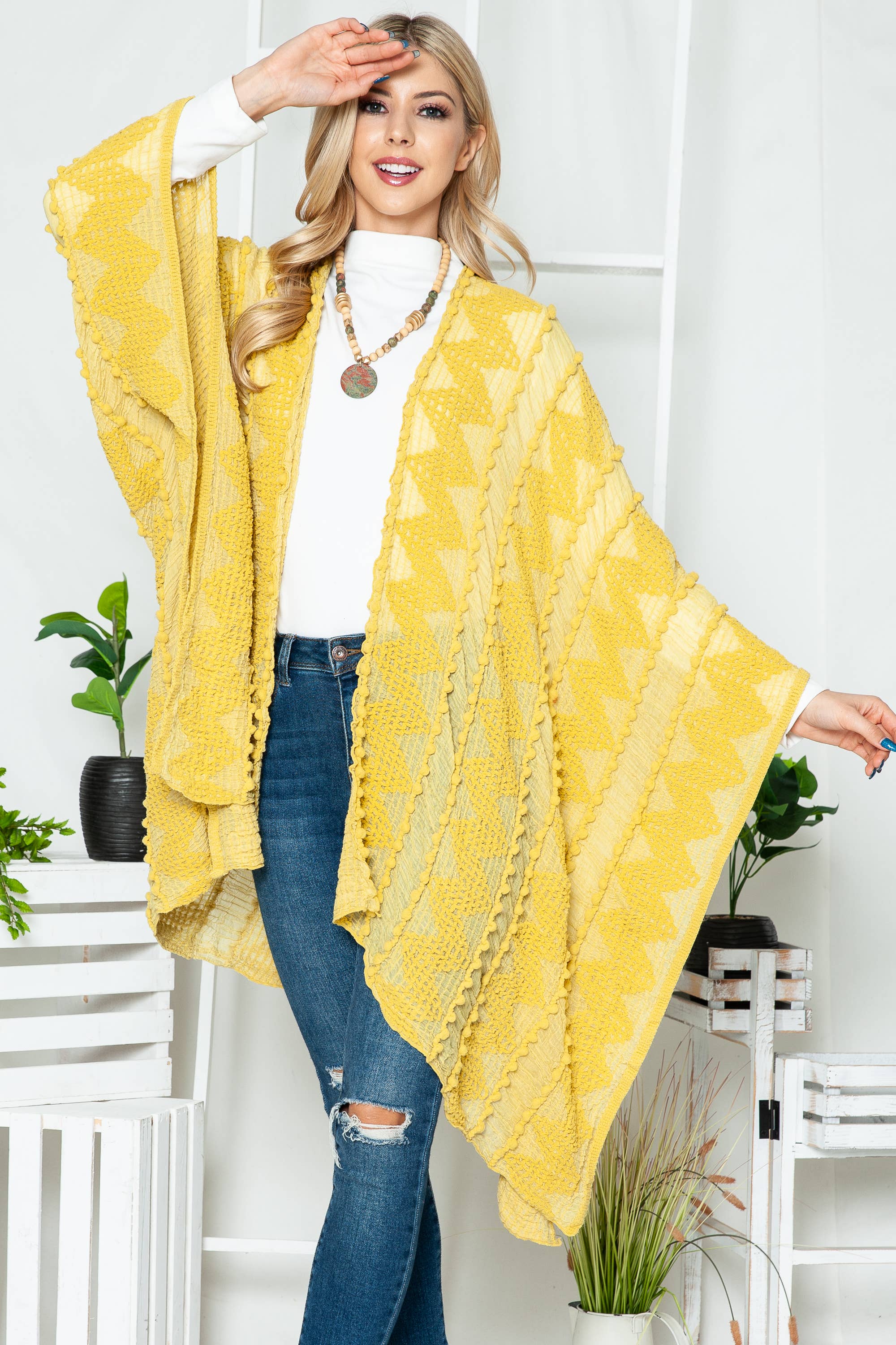 Justin & Taylor - Wholesale Kimono - Women's - Puffer-Up | Soft Textured Cover-Up Kimono With Pom Detail8