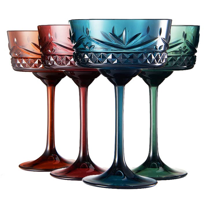 Set di 4 bicchieri colorati in acrilico infrangibile, vintage coupé per la vendita all'ingrosso da parte di The Wine Savant / Khen Glassware