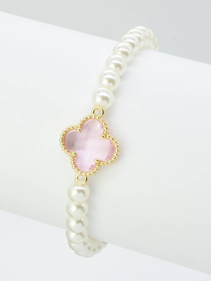Clover Accent Pearl Stretch Beaded Bracelet for wholesale by MiMi Wholesale