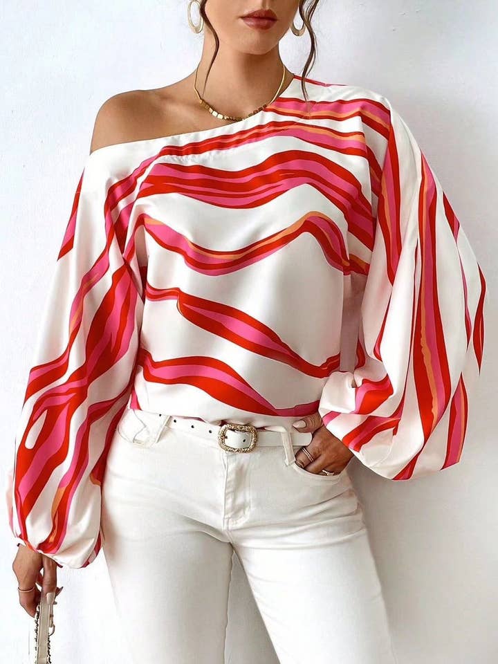 HIDDENBRAND - Wholesale Blouse - Women's - Style off-the-shoulder print loose top with a line neck
