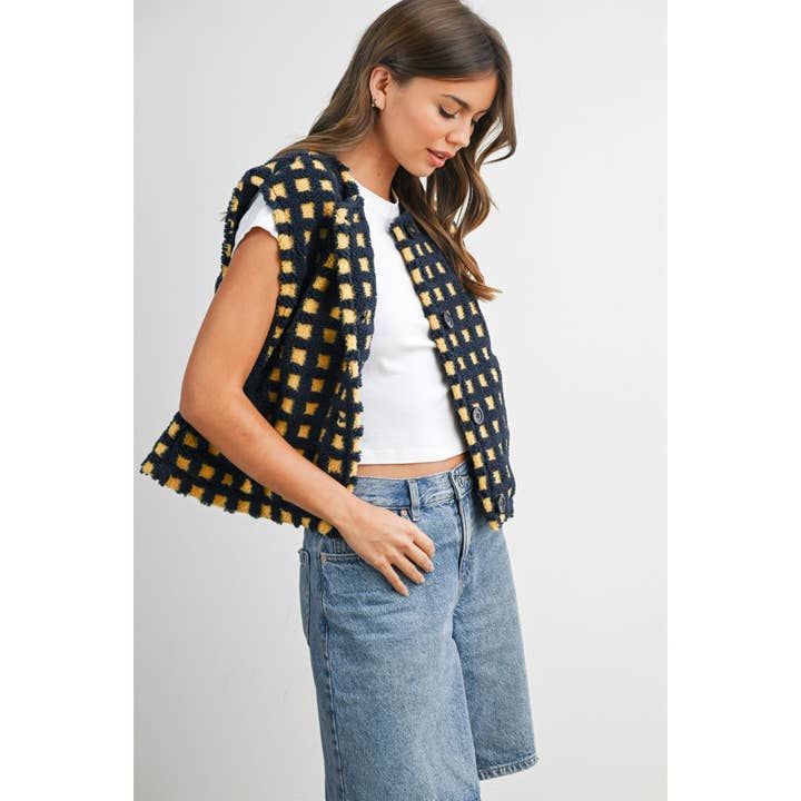 BUTTERMELON - Wholesale Outerwear Vest - Women's - Textured Checkered Button-Up Knit Vest - BMJ76365