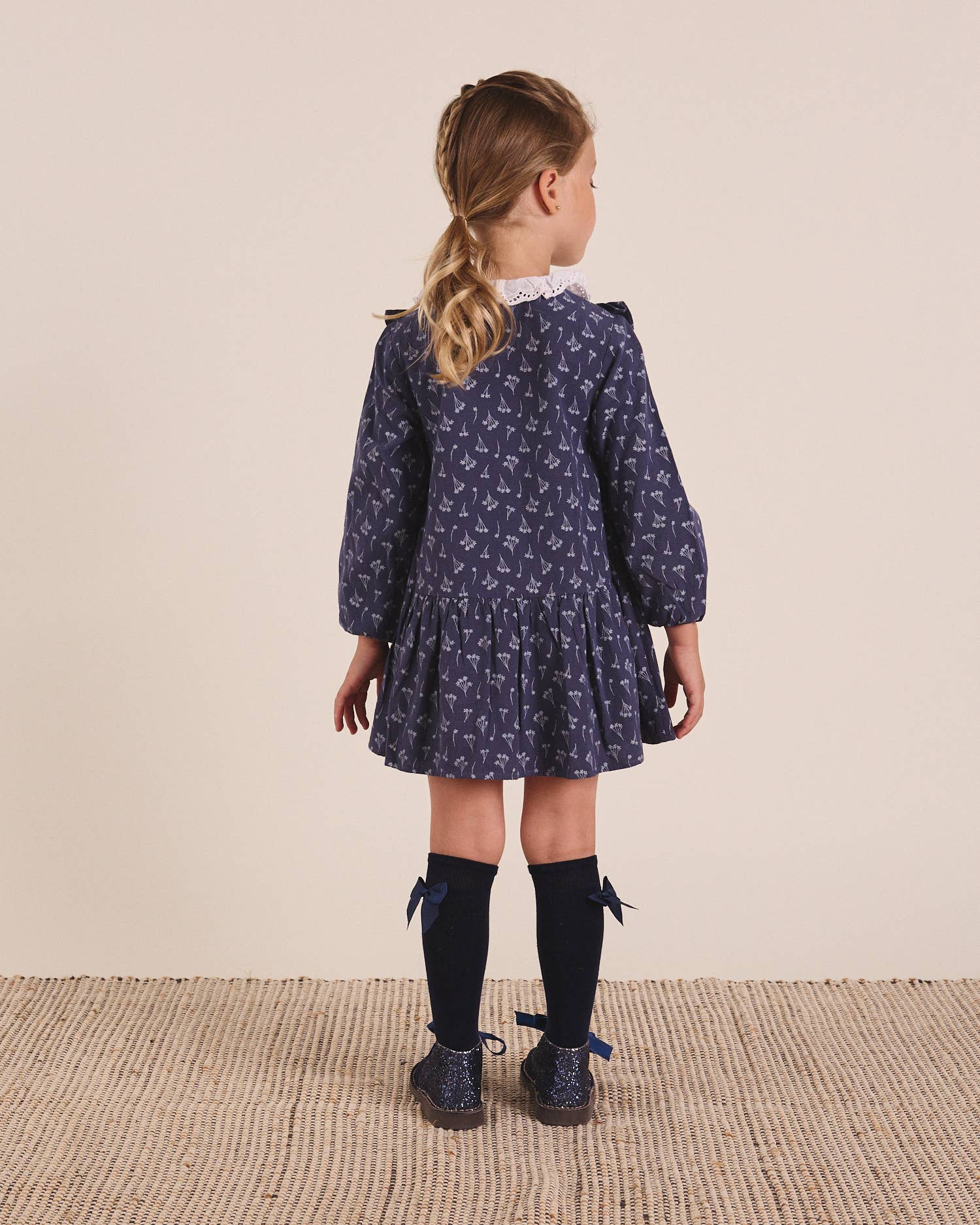 Dadati – wholesale Dress – Kids – Navy blue dress with floral print and ruffle collar10