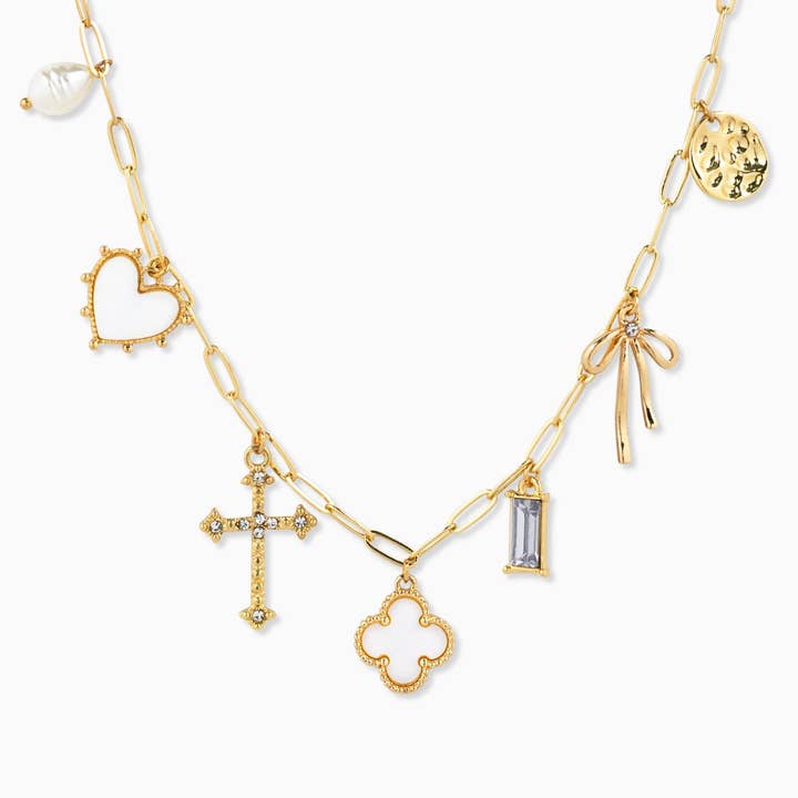 Sessori - Wholesale Pendant/Charm Necklace - MOP Clover Multi Gold Charm Necklace