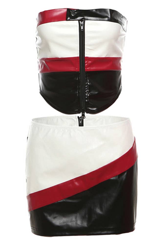 Red PU Leather Zipper Colorblock 2PCS Short Set ZK1580 for wholesale on Faire1