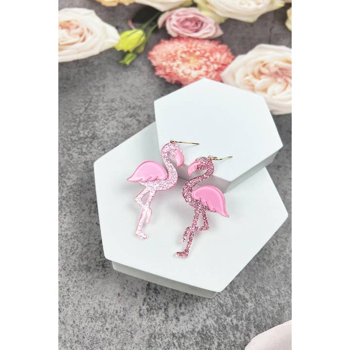 JHP Collection - Wholesale Dangle Earrings - UNIQUE LIGHT PINK GLITTER FLAMINGO ACRYLIC EARRINGS