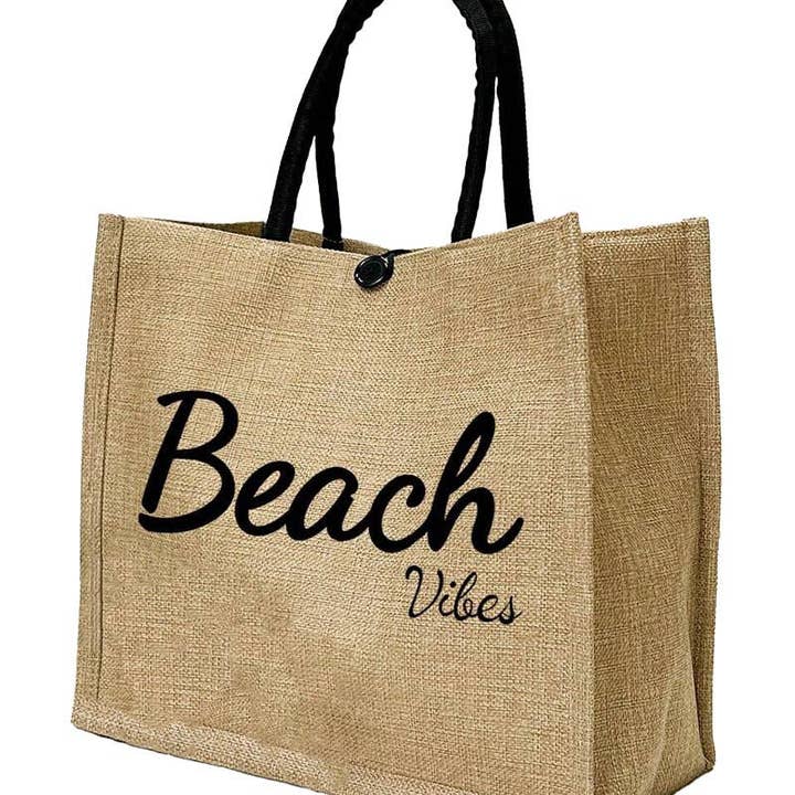 ASSORTED Beach Vibe Burlap Box Tote Beach Bag for wholesale on Faire2