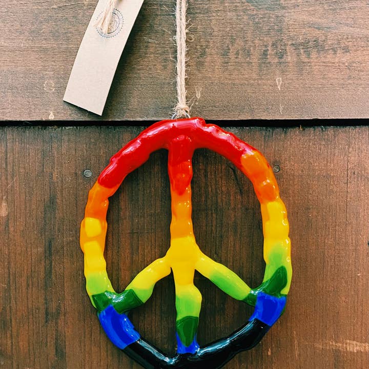 Glass Source Studios - Wholesale Suncatcher - Funky Fused Glass Peace Signs Suncatchers (Rainbow Mix)