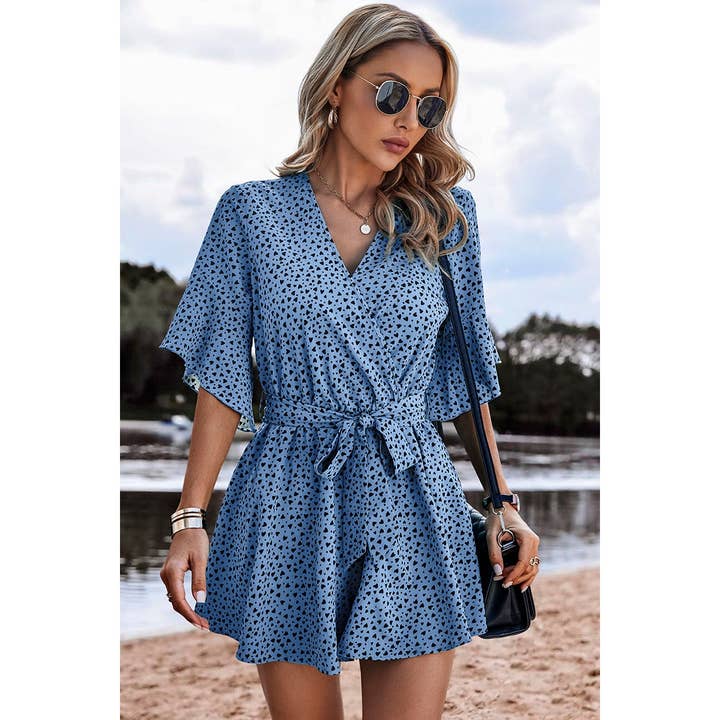 Supreme Fashion - Wholesale Romper - Women's - V Neck Ruffled Belted Flared Hemmed Romper