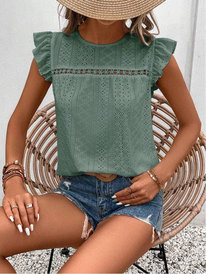 Suhkasana - Vendita all'ingrosso Camicetta - Donna - Top estivo in pizzo con maniche a volant per donna - Casual e alla moda12