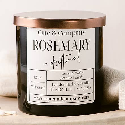 Rosemary+ Driftwood - Candela di soia da 12 once per la vendita all'ingrosso da parte di Cate & Company