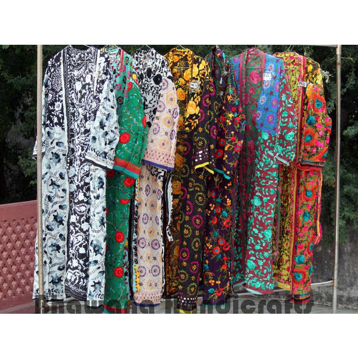 Bhawana Handicrafts - Wholesale Kimono - Women's - Designer Hand Embroidered Phulkari Boho Long Kimono Jacket