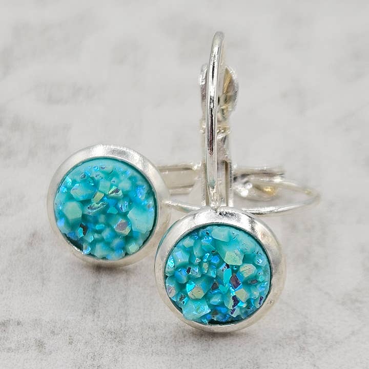 Druzy Round Dangle Earrings (Handmade 8mm)- Tiffany Blue for wholesale by The Sparkle Shop
