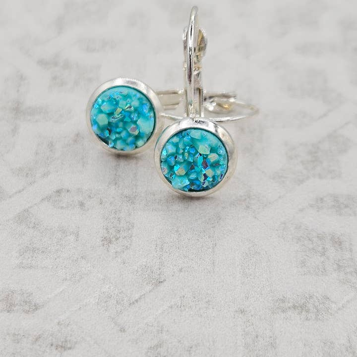 Druzy Round Dangle Earrings (Handmade 8mm)- Tiffany Blue for wholesale by The Sparkle Shop