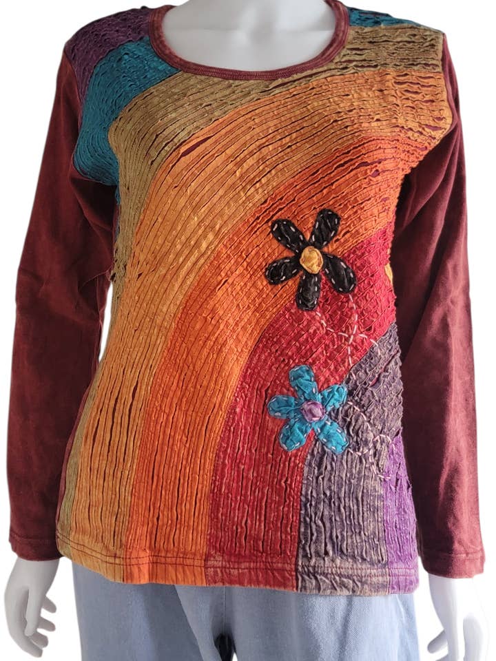 SLS1273 Long Sleeve Shirt Rainbow Arc w. 3 Flowers Dark Red for wholesale by Evergreen Guardian Imports