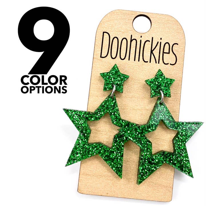 1.75" Glitter School Spirit Cutout Star Dangles - Custom Spirit Earrings - 9 Color Options for wholesale by Doohickies