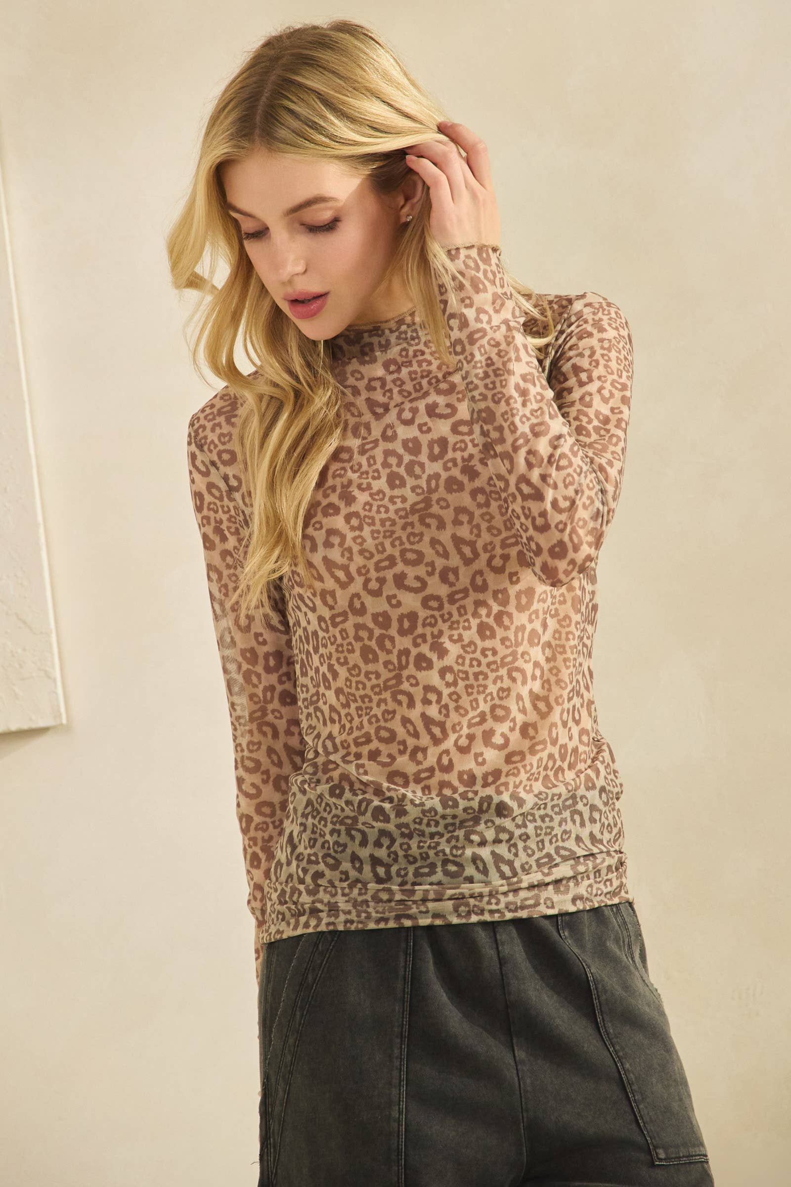 Mocha ANIMAL PRINT MESH LONG SLEEVE TURTLE NECK (ST7165-A) for wholesale on Faire3