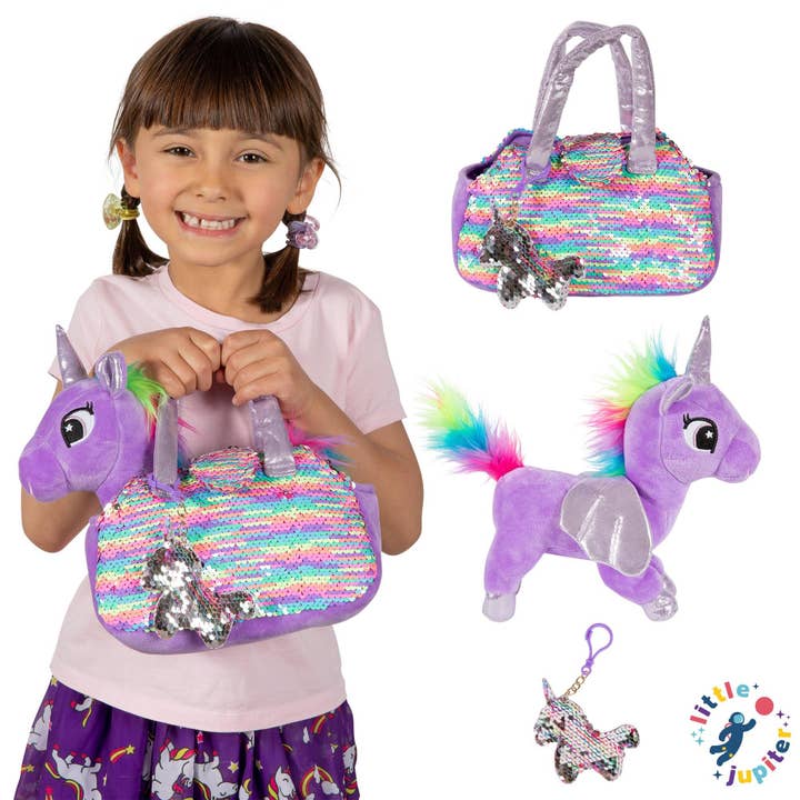 AYK Brand – wholesale Stuffed/plush toy – Kids & baby – Little Jupiter Pet Plush Set with Bag - Purple/Rainbow Unicorn1