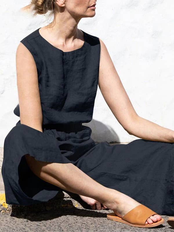 Plush Looks - Wholesale Jumpsuit - Women's - Sleeveless Wide Leg Round-Neck Jumpsuit