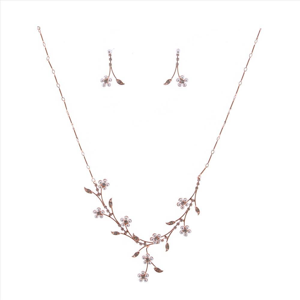 Cool Crystals – wholesale Jewellery set – Rose Gold Crystal & Faux Pearl Necklace and Earrings Set0