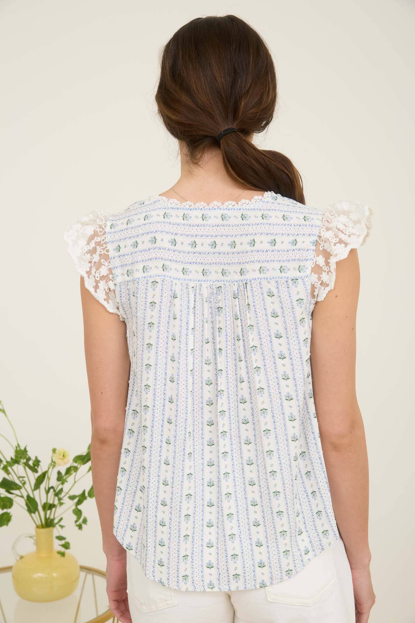 Blu Pepper - Wholesale Blouse - Women's - STRIPE FLORAL V NECK LACE TRIM BUTTON DOWN BLOUSE 6