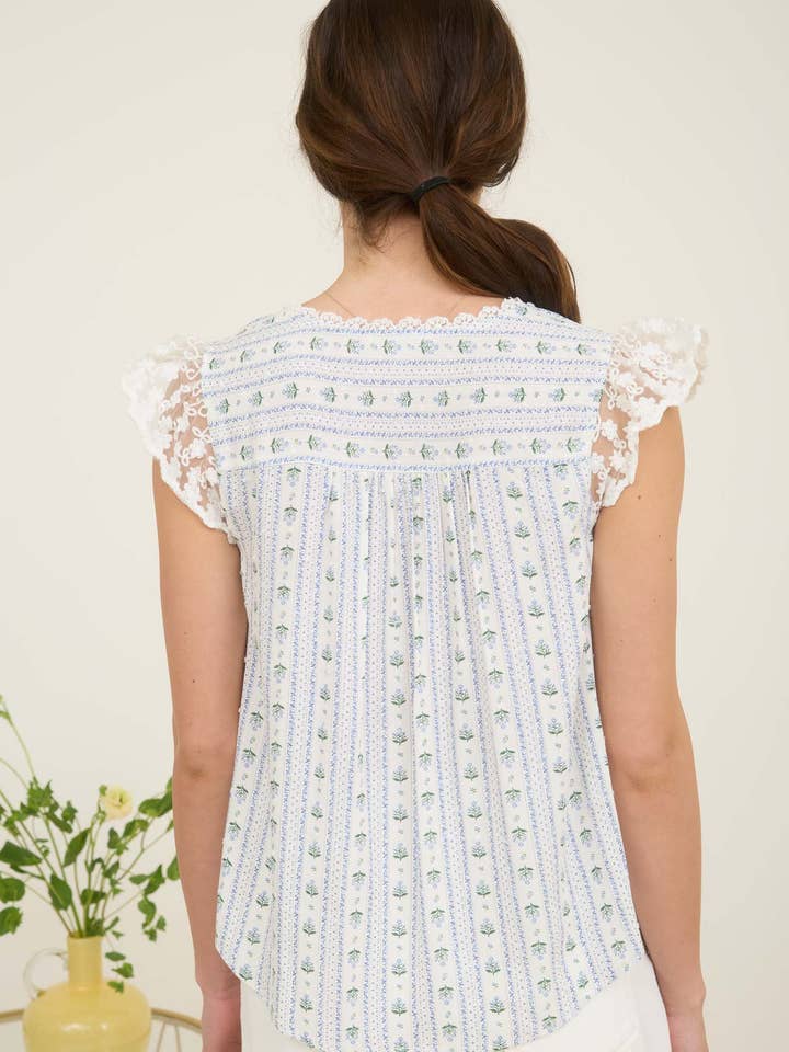 Blu Pepper - Wholesale Blouse - Women's - STRIPE FLORAL V NECK LACE TRIM BUTTON DOWN BLOUSE 6