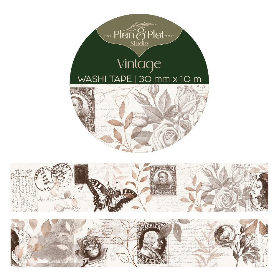 Plan & Plot Studio - Vendita all'ingrosso Nastro washi - Nastro washi vintage con motivi di francobolli antichi e illustrazioni botaniche1