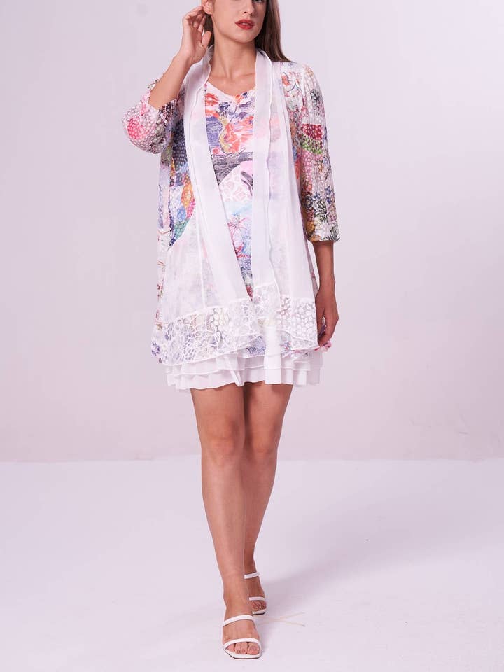 Women's Multi Floral Burnout Cardigan Round Neck Tunic for wholesale by Kamana
