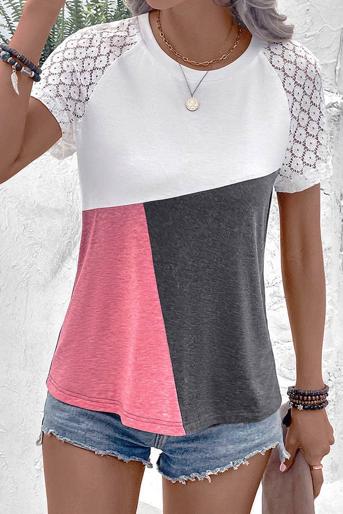 UNISHE - Wholesale Knit Top - Women's - Color Block Lace Sleeves Top YBL0582