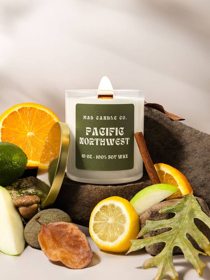 Pacific Northwest Soy Candle - 10 oz Glass Jar & Wood Wick for wholesale by Mad Candle Co.
