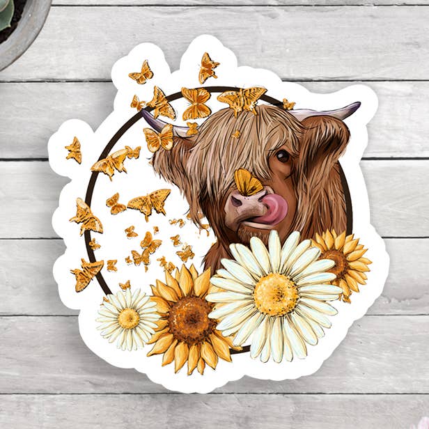 Highland Cow Sunflower Vinyl Sticker for wholesale by Expression Design Co