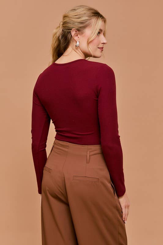 Burgundy LONG SLEEVE WRAP SIDE SHIRRING BODYSUIT for wholesale on Faire4