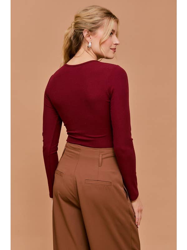 Burgundy LONG SLEEVE WRAP SIDE SHIRRING BODYSUIT for wholesale on Faire4