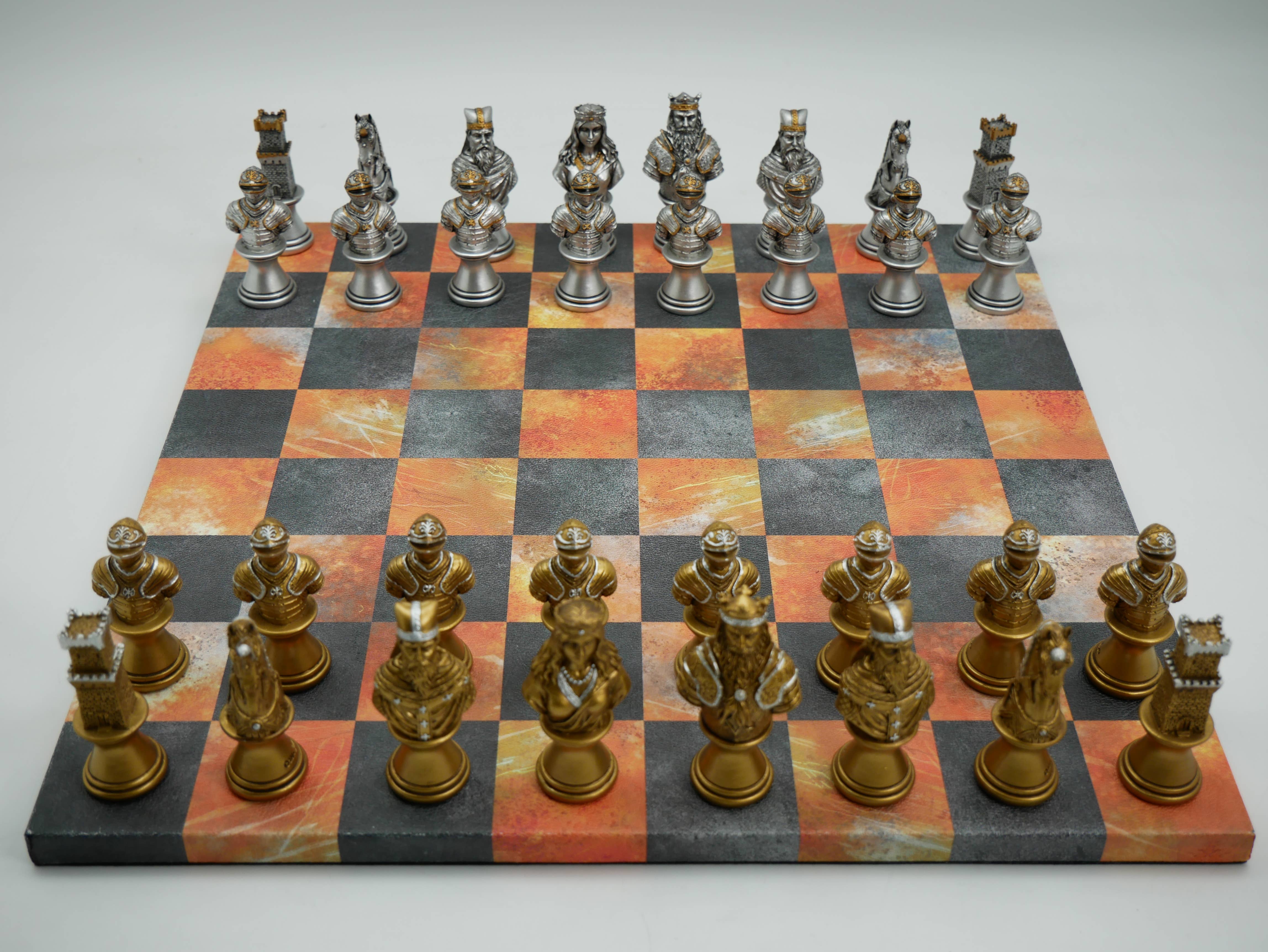 WorldWise Imports - Wholesale Board Game - Chess Set - Painted Resin Camelot Metal Bust on Fire & Dusky0