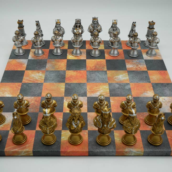 WorldWise Imports - Wholesale Board Game - Chess Set - Painted Resin Camelot Metal Bust on Fire & Dusky