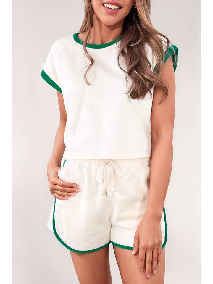 Beige Contrast Color Detail Athleisure 2pcs Short Set for wholesale on Faire