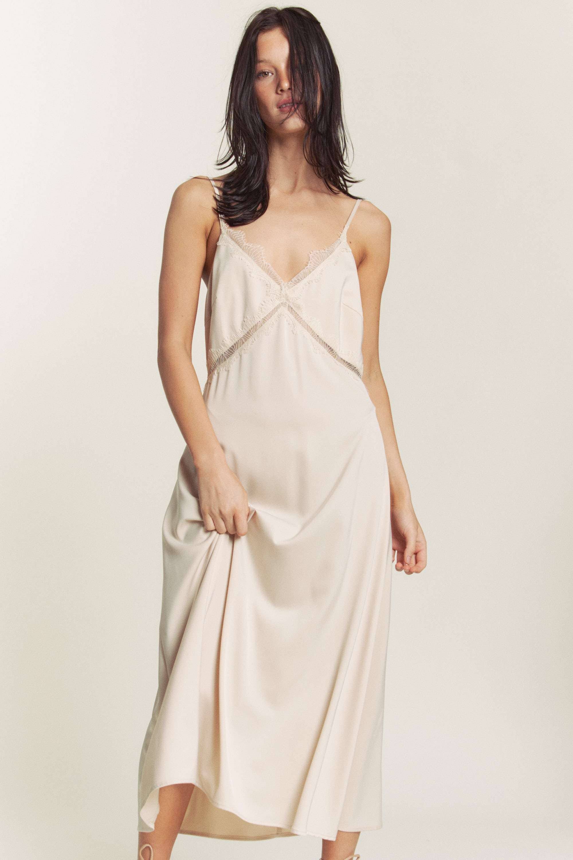 Hers & Mine - Wholesale Dress - Women's - SATIN SPAGHETTI STRAP X LACE TRIM MIDI DRESS1