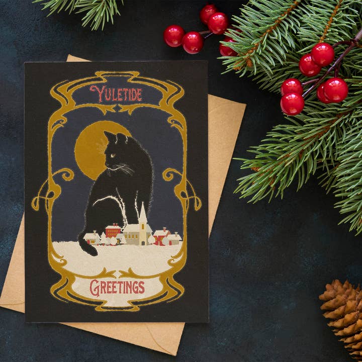 Yule Cat Christmas Card for wholesale by Cluster Funk Studio