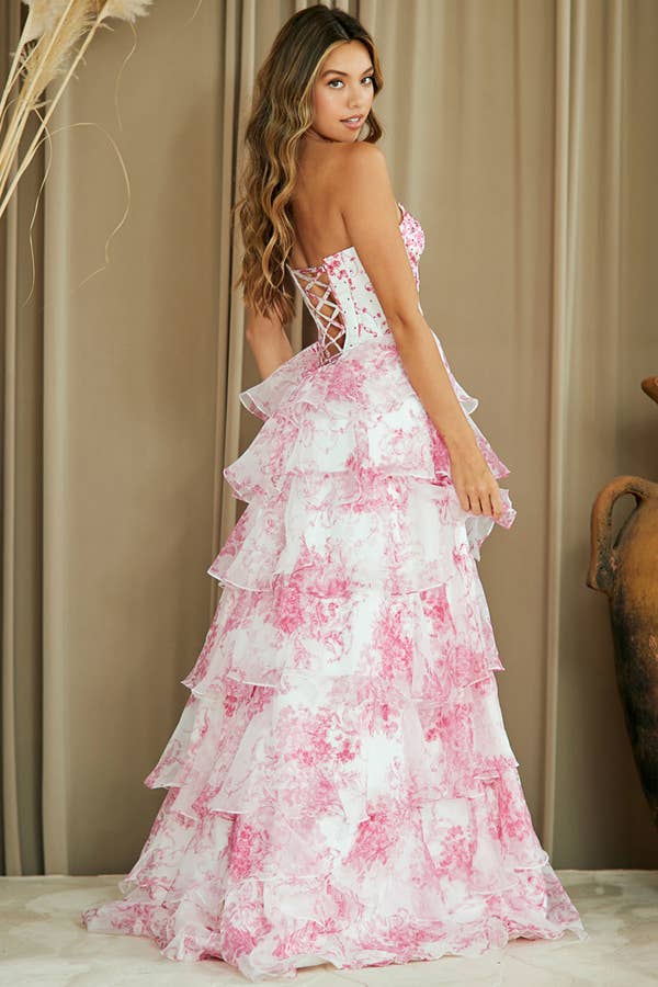 Babyfox Apparel - Wholesale Gown - Women's - Sleeveless Strapless Ruffle A Line Floral Print Dress8