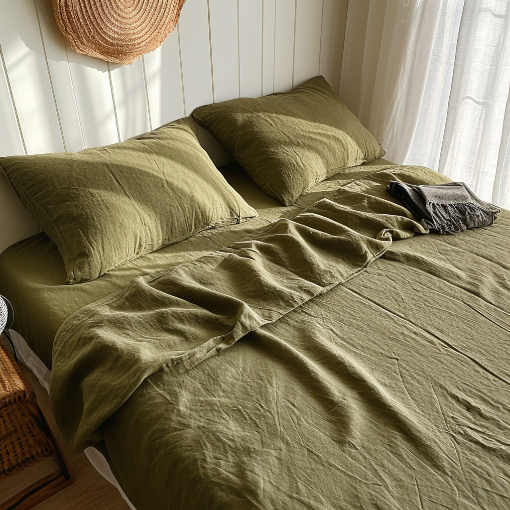 100% French Linen Sheet Set (4 pcs) - Olive Green  for wholesale on Faire2