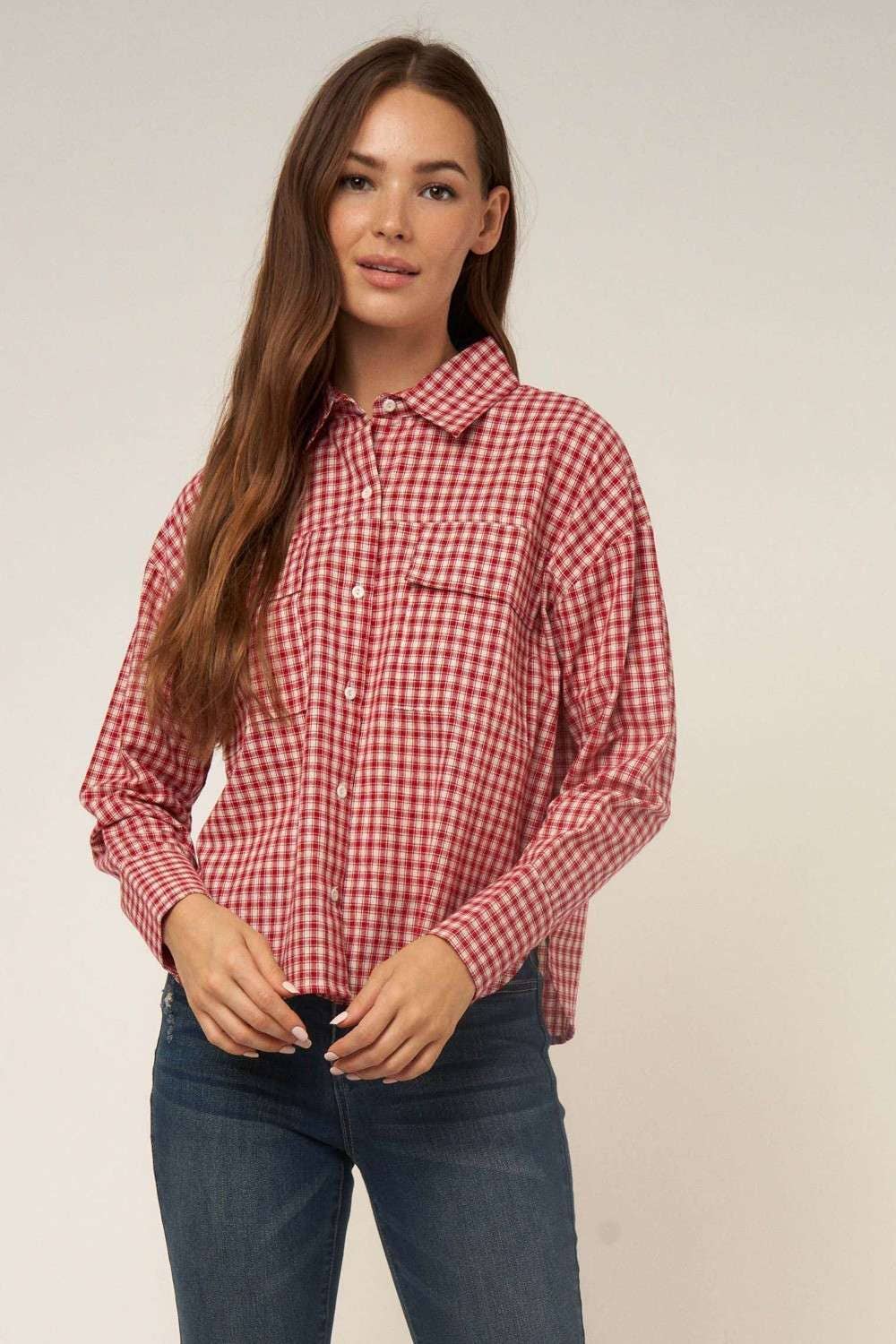 WINE SMALL GINGHAM BUTTON DOWN SHIRT for wholesale on Faire4