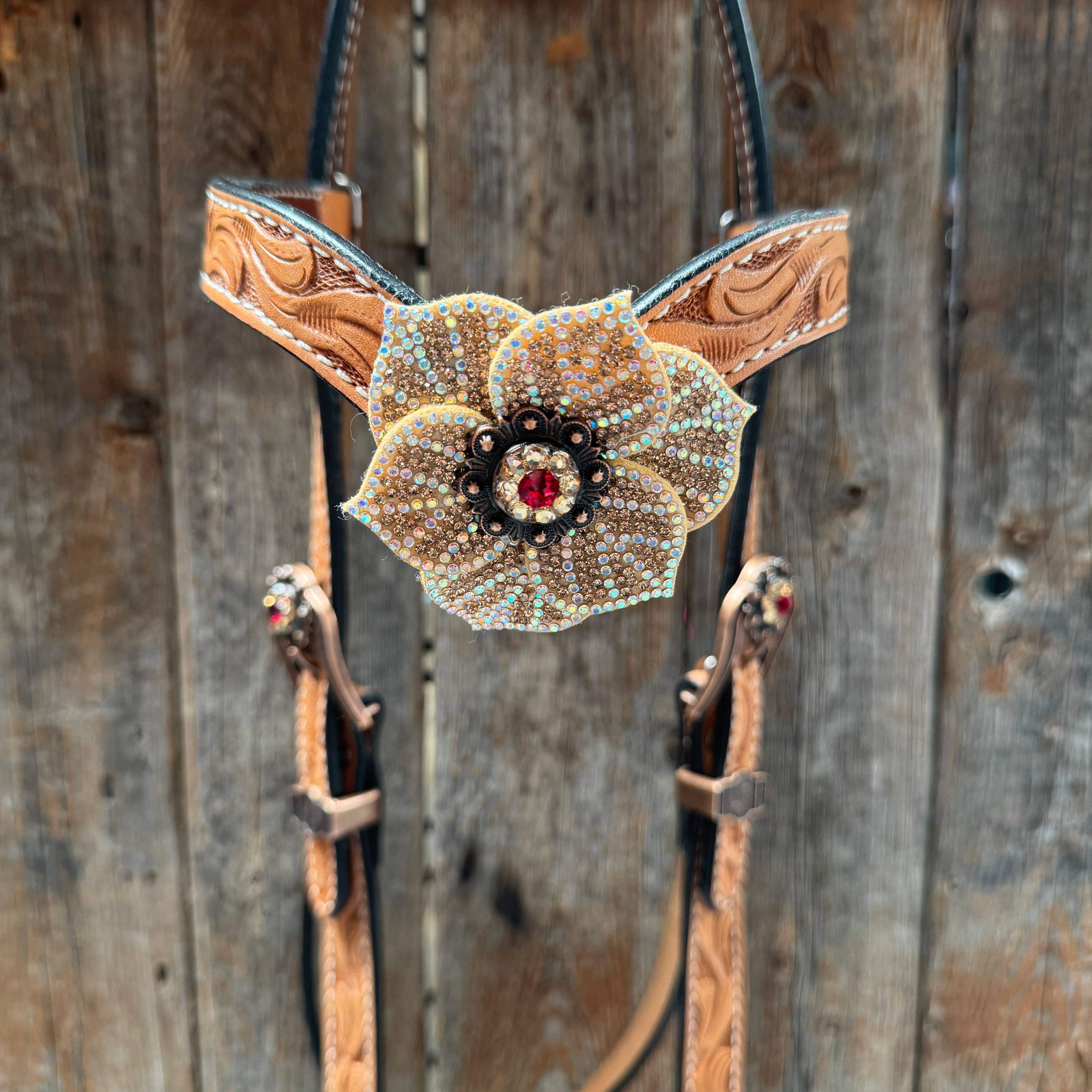 Rodeo Drive - Wholesale Horseback Riding Gear - Light Oil Floral Tooled Ruby and Champagne Browband & Breastcollar Tack Set #BBBC4612