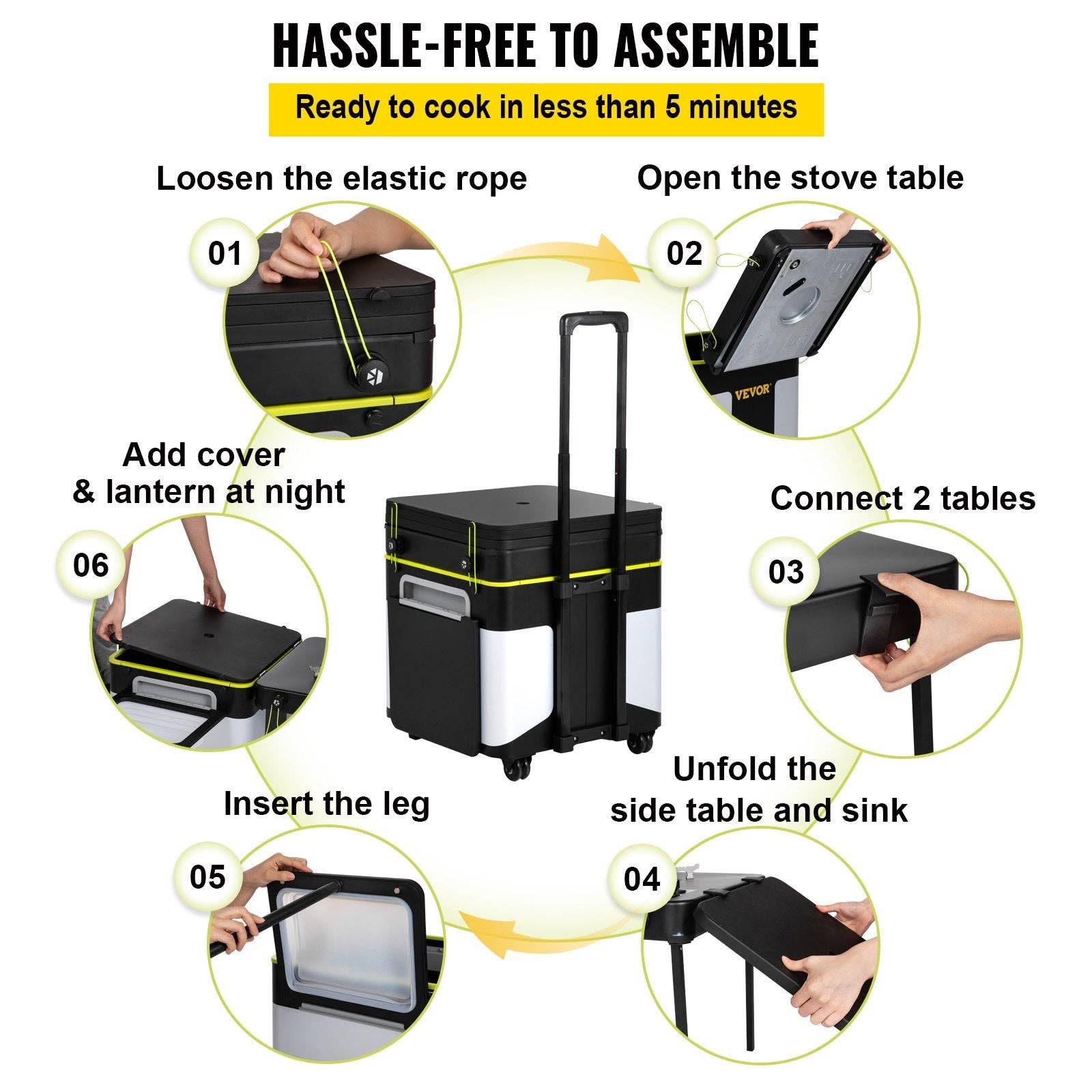 Hard Rock Health Stores - Wholesale Outdoor Grill Tools - VEVOR Outdoor Mobile Kitchen, Portable Multifunctional Camp Box with Wheels All in One Integrated Cooking Station with Windproof Stove, Folding Tables Storage Organizer, Black4