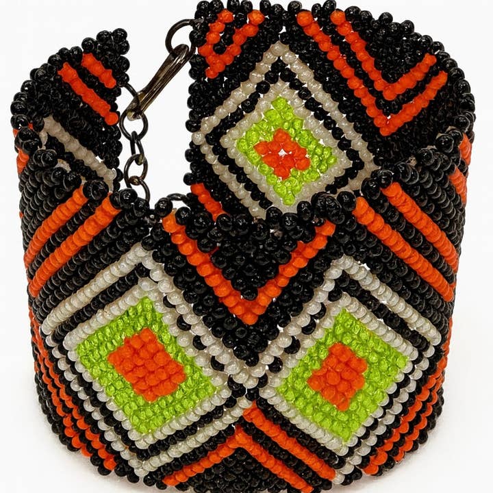BEADS CORNER - Wholesale Cuff Bracelet - Handmade Geometric Beaded Cuff Bracelet – Black, Orange & Lime Green