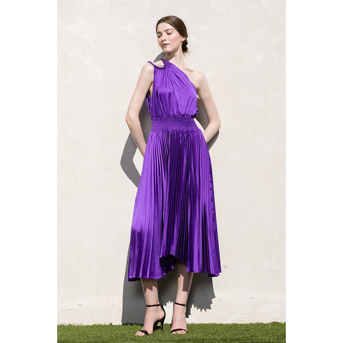 INA - Wholesale Dress - Women's - One-Shoulder Double Strap Pleated Satin Dress10