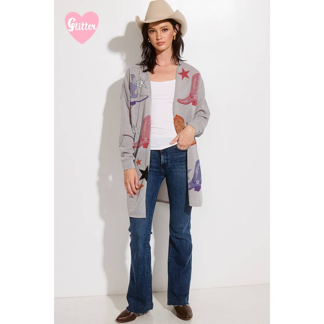 Phil Love – Großhandel Strickjacke – Damen – Cowgirl-Stiefel mit Glitzerprint und lässiger Strickjacke2